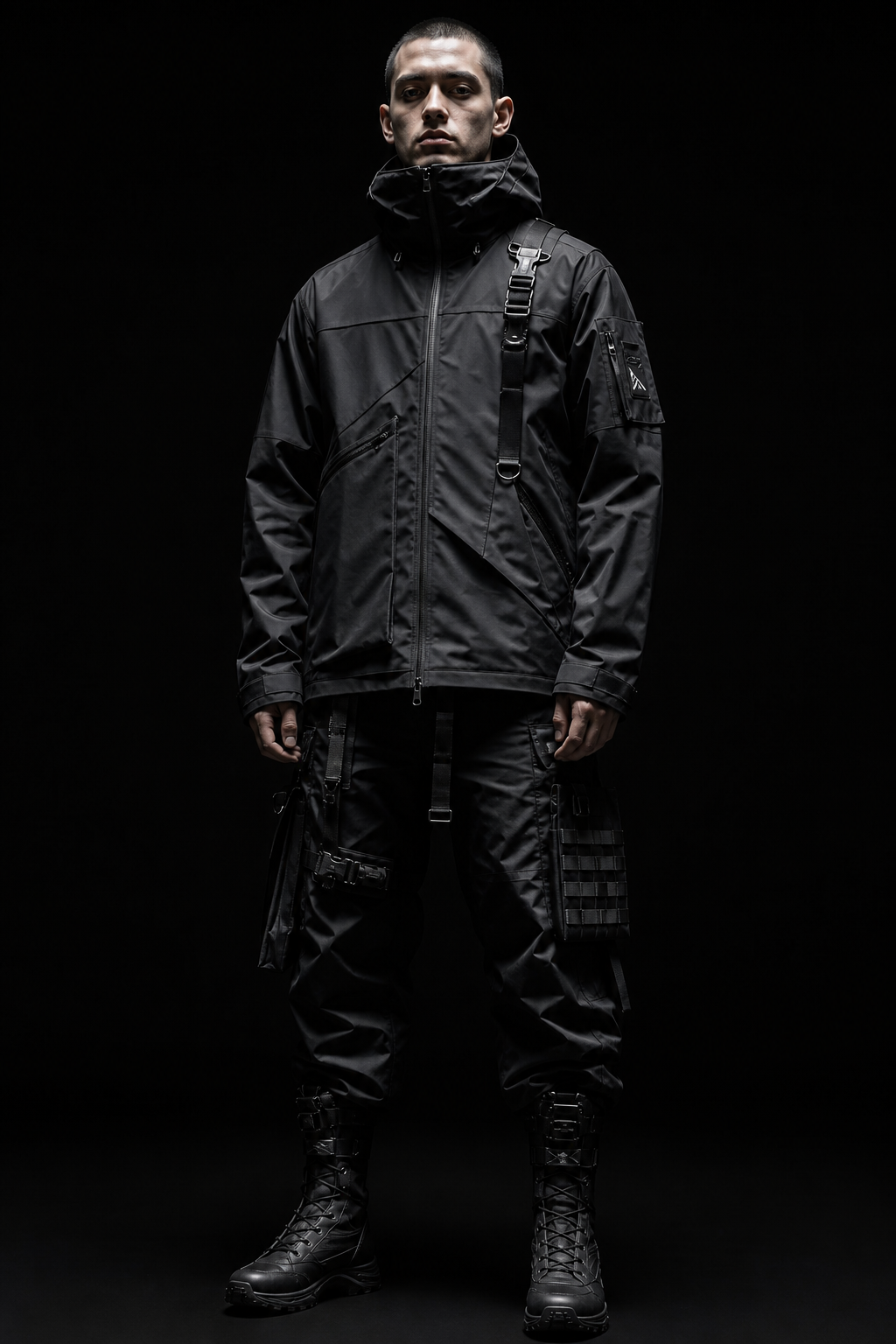 Model in technical outerwear with modular layers