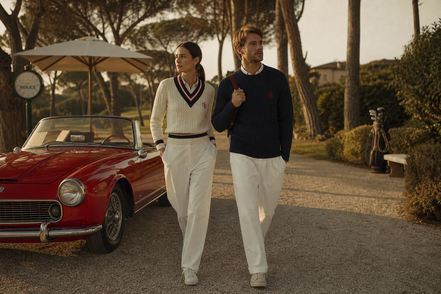 A couple in cream tennis sweaters beside a vintage car