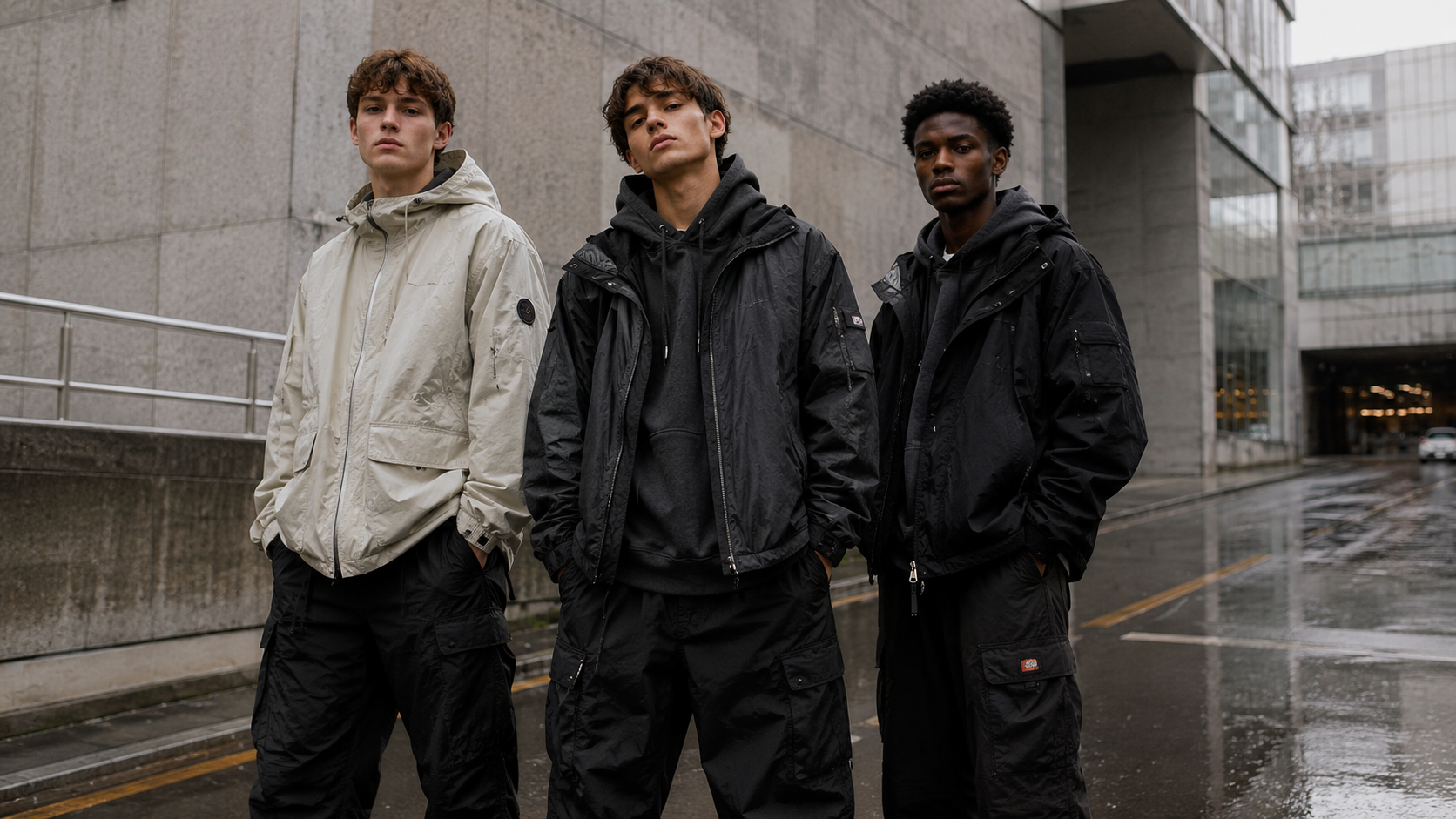 Three young men in streetwear standing on a rainy urban street