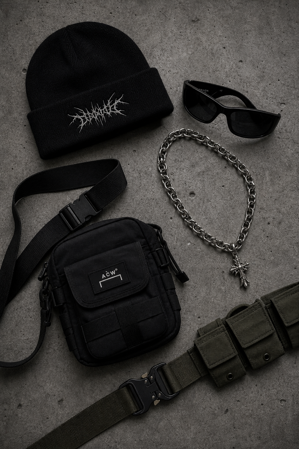 Streetwear accessories flat lay