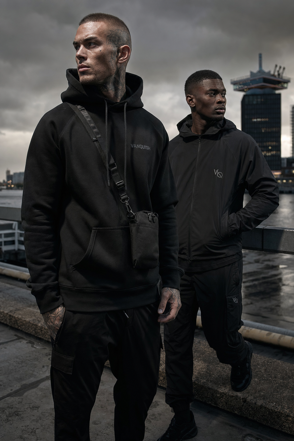 Group streetwear editorial on a city bridge